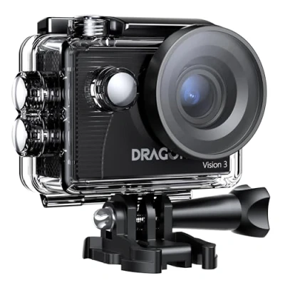 Afbeelding van Dragon Touch Vision 3 actiecamera 4 K 30 fps 20 MP waterdicht onderwatercamera 170 graden groothoek wifi sportcamera met 2 batterijen, afstandsbediening en montageset