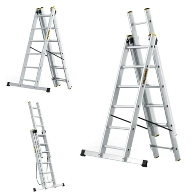 Afbeelding van DRABEST Multifunctionele ladder van aluminium, uittrekbaar, 3 x 6 treden, Pro max. 150 kg, werkhoogte 4,43 m, haak gratis