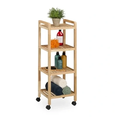 Afbeelding van Relaxdays houten badkamerrek wieltjes tot 50 kg 97 x 35 31 cm keukenrek