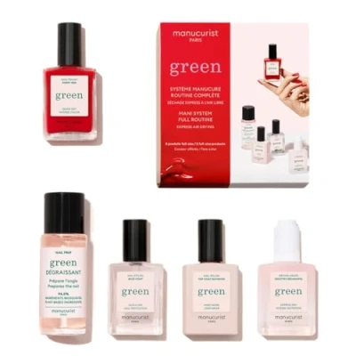 Afbeelding van Manucurist Green™ Red (Poppy Red) Professionele manicureset Vegan Biobased 1 ontvetter, Base Coat, Nagellak Poppy Red, Top Drogende Druppels Geschenkdoos voor Dames