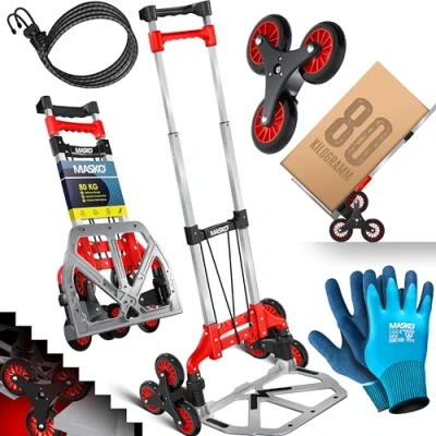 Afbeelding van MASKO® Opvouwbare steekwagen voor trappen, 80 kg, draagvermogen 3 x cm, trappen met wielen + 2 expander touwen handschoenen, in hoogte verstelbare handgreep, aluminium