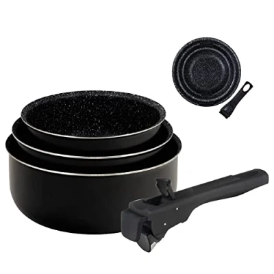 Afbeelding van Bergner Click &amp; Cook Koekenpannenset 3 pannen van geperst aluminium 16, 18 en 20 cm Met ergonomische verwisselbare greep Keukengerei Geschikt voor alle soorten fornuizen Zwart
