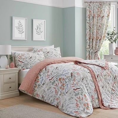 Afbeelding van Dreams &amp; Drapes Dekbedovertrek Bloemen en Perzik Zalm Vogel Super King Size (260 x 220 cm) Omkeerbaar (2 motieven) 3 delig Terracotta Vintage Beddengoed Set