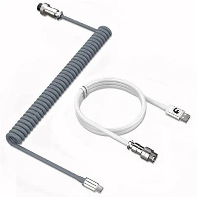 Afbeelding van MAMBASNAKE C01 Câble de Clavier Spiralé, Pro Customized USB C pour Mécanique, Jeu Câble, Type vers A, TPU Coiled Cable avec Connecteur D&#039;aviation En Métal Gris &amp; Blanc