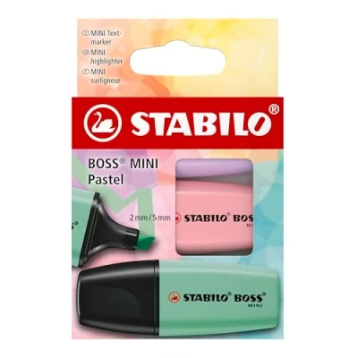 Afbeelding van STABILO Boss Mini Pastel Markeerstiften, 3 stuks, paars, rozerood, mintgroen