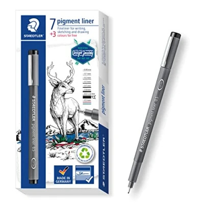 Afbeelding van Staedtler Zwarte pigmentliner in verschillende lijnbreedtes + 3 gekleurde liners, onuitwisbare pigmentinkt, lange levensduur, 7 lijnen 308 C10P