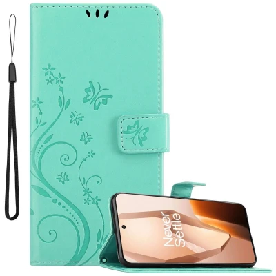 Afbeelding van Cadorabo Hoesje geschikt voor OnePlus 13R in BLOEMEN TURKOOIS Beschermhoes bloemmotief met magnetische sluiting, standfunctie en kaartsleuven Book Case Cover Etui