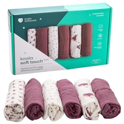 Afbeelding van KOALA BABYCARE Katoenen luiers voor baby&#039;s, 30 x cm, 6 stuks borstvoeding en inbakering (inbakeren), ideaal als cadeau pasgeborenen