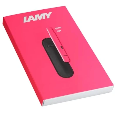 Afbeelding van Lamy pico cadeauset neonroze balpen innovatieve zakpen 1 klik voor volledige grootte metalen behuizing en lijnbreedte M met echt leren etui Compactmine vulling