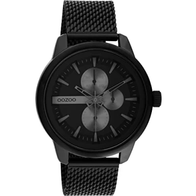 Afbeelding van Oozoo Herenhorloge Milanese Armband roestvrij staal 45 mm diameter wijzerplaat chronograaf zwart groot armband, zwart/zwart,