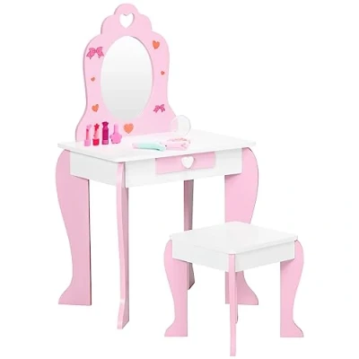 Afbeelding van ZONEKIZ make uptafel voor kinderen van 3 tot 6 jaar, met kruk, spiegel en lade, 50 x 36,5 89,5 cm, roze