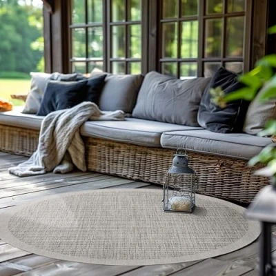 Afbeelding van SIMPEX Rond buitentapijt voor terras, balkon, tuin, keuken, effen design, weerbestendig, sisal look, afwasbaar, maat:120 cm rond, kleur:grijs