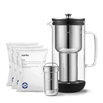 Afbeelding van Aarke Reiniger, filterkaraf van glas en roestvrij staal (2,4 l/10 kopjes) + set 3 Pure Filter navulzakken