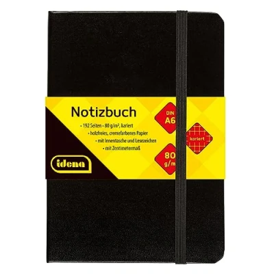Image de Idena 209282 Carnet de notes DIN A6, quadrillé, papier crème, 192 pages, 80 g/m², couverture rigide en noir, 1 pièce