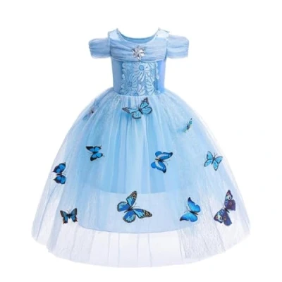 Afbeelding van Lito Angels Prinsessenkostuum blauw met vlinder voor kinderen, meisjes, cinderella gekleed, Halloween party, verjaardagsfeest, leeftijd 7 8 jaar