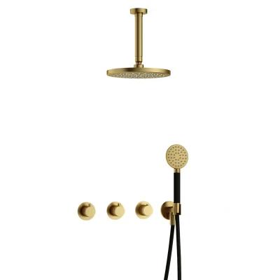 Afbeelding van Hotbath Cobber Regendoucheset IBS70 Geborsteld Messing PVD Ronde handdouche 20cm Hoofddouche 15cm Plafondbuis Handouche met wandhouder