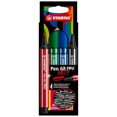 Image de STABILO Feutre dessin Pen 68 MAX Etui carton de 4 Feutres Coloriage Pointe Large, Gamme ARTY: Premium Filzstift mit dicker Keilspitze