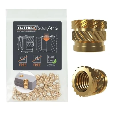 Afbeelding van ruthex Insert fileté 1/4&quot; SHORT (UNC) 20 douilles filetées RX x 6,4 en laiton Écrou d&#039;insertion stable Utilisable par chaleur dans les pièces d&#039;impression 3D plastique (filetage de