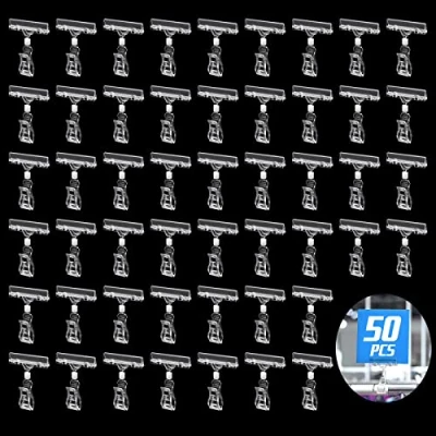 Afbeelding van 50 stuks draaibare clip kunststof etiket goederen duidelijke prijs teken clips paneelhouder dubbele display houder voor winkelwagentjes detail transparant