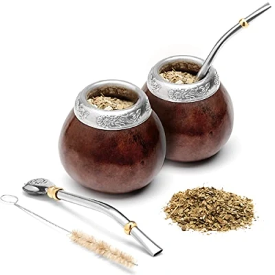 Afbeelding van Balibetov [Nieuw] Handgemaakte Natural Mate Kalebas Set (Originele Cup) Inclusief Bombilla (Yerba Rietje) (Donker Bruin X2)