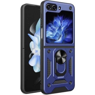 Afbeelding van iMoshion Hoesje Geschikt voor Samsung Galaxy Z flip 5 Rugged Backcover met ring versie Donkerblauw