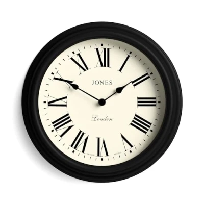 Afbeelding van JONES CLOCKS® Venetiaanse wandklok, ronde traditioneel klassiek design, keukenklok, woonkamerklok, decoratieve behuizing (zwart/Romeinse cijfers)
