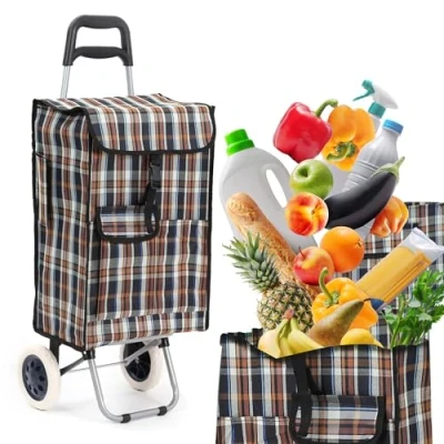 Afbeelding van Boodschappentrolley 40 liter, waterdicht, opvouwbaar, met afneembare boodschappentas (bruin/blauw geruit)