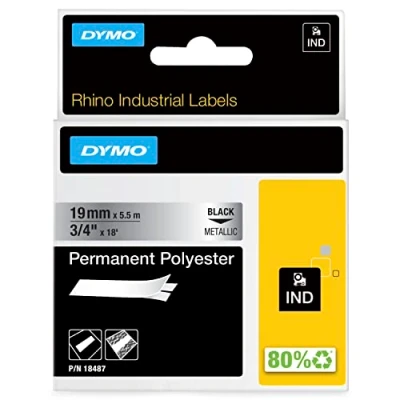 Afbeelding van Dymo Rhino Tape Permanent Polyester 19 Mm, Zwart Op Metaal Voor Beletteringsysteem