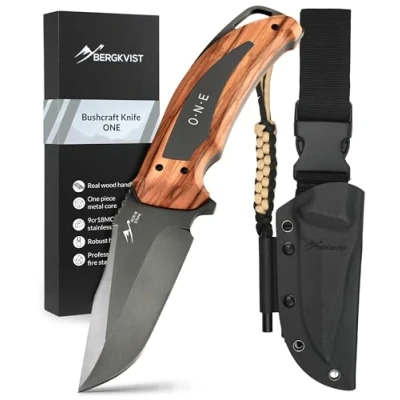 Afbeelding van BERGKVIST® Bushcraft ONE mes met vast Full Tang lemmet (9,7 cm) survivalmes voor buiten echt houten handvat, etui en vuursteen