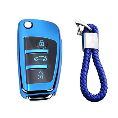 Afbeelding van M.JVisun Zachte TPU sleutelhanger voor Audi A1 A3 A4 A6 A8 Quattro Q2 Q3 Q7 R8 RS3 RS6 S3 S6 TT TTS opvouwbare autosleutel glanzend blauw gevlochten