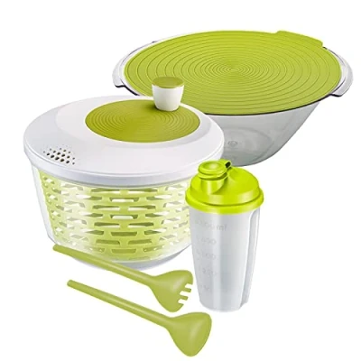 Afbeelding van Saladeset, 4 delig, slacentrifuge, com, bestek en dressingshaker, kunststof, transparant/wit/groot