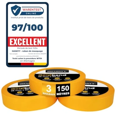 Afbeelding van HASKYY Goldband 3 stuks crêpe schilderstape 25 mm x 50 m professioneel washi goud