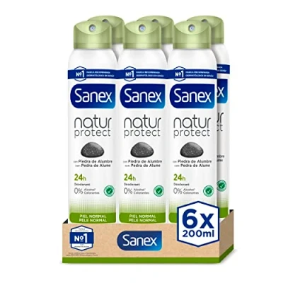 Afbeelding van Sanex Natur Protect Deodorantspray, 6 stuks, 200 ml, 24 uur bescherming tegen slechte geurtjes, met liefdessteen, 0% alcohol, zonder allergenen en kleurstoffen, normale huid