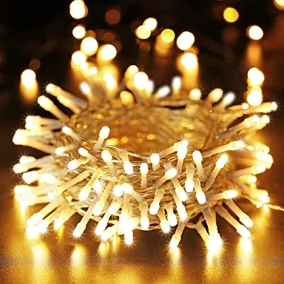 Afbeelding van BrizLabs Lichtsnoer, 10 m, 100 leds, kerstverlichting, binnen, 8 modi, waterdicht, met timer, Fairy Lights, batterij voor decoratie thuis, feest, Kerstmis, bruiloft, transparante kabel, warm wit
