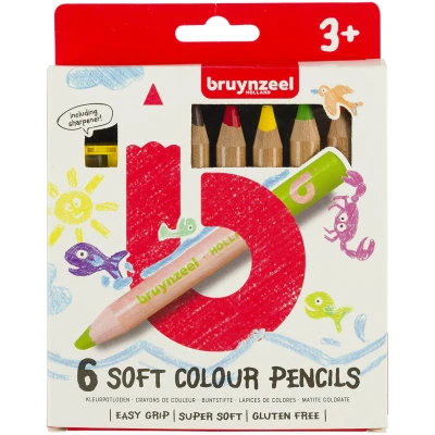 Afbeelding van Kleurpotloden Bruynzeel Kids dik waskrijt blister à 6 stuks assorti