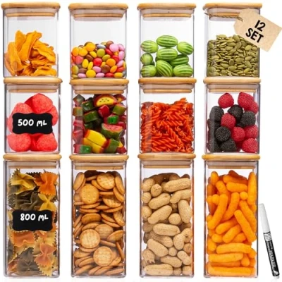 Afbeelding van Deco haus® 12 delige voorraadpotten met deksel + etiketten, luchtdicht, voor granen, cornflakes, spaghetti, glazen dozen, opbergdoos keuken,