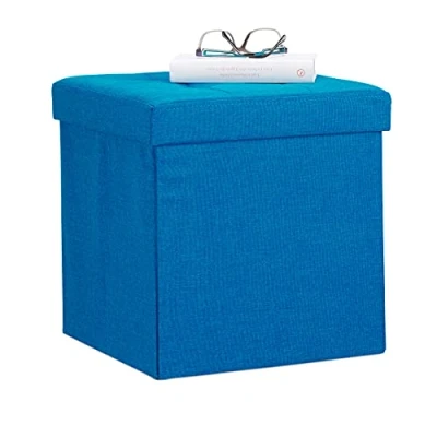 Afbeelding van relaxdays zitkist met opslagruimte opvouwbaar van linnen 38 x cm poef blauw
