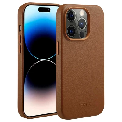 Afbeelding van Accezz Hoesje Geschikt voor iPhone 14 Pro MagSafe Leather Backcover bruin