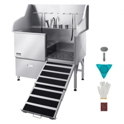 Image de VEVOR Baignoire de Chien Animaux Compagnie Acier Inox 127,5cm Rampe Porte Droite