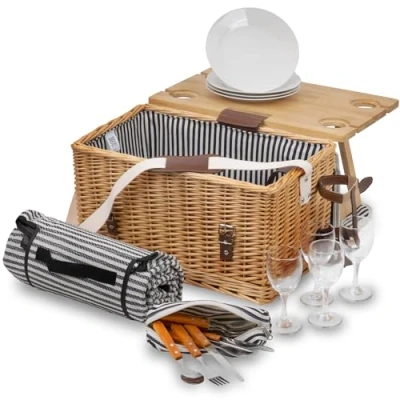 Afbeelding van CampFeuer Picknickmand voor 4 personen met serviesset en serveertafel, 25 delig, rieten mand riem van kunstleer, picknicktas, complete accessoireset