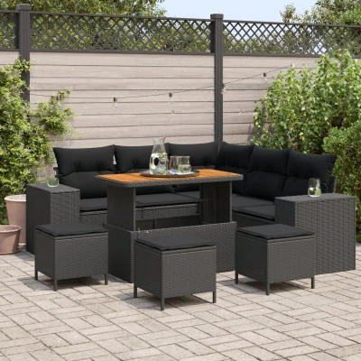 Afbeelding van vidaXL 9 delige Tuin Sofa Set met Kussens Zwart Poly Riet Acacia