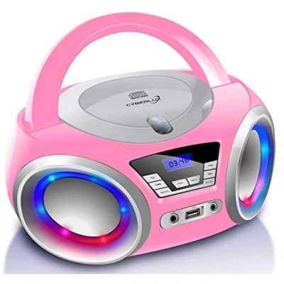 Afbeelding van CD speler met ledverlichting, hoofdtelefoonaansluiting, draagbare stereo radio, kinderradio, installatie, USB, CD/MP3 speler, FM Aux In (Pretty Kitty Pink)