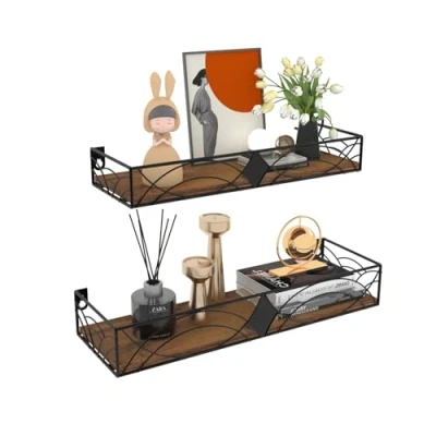 Afbeelding van HORLIMER Set van 2 zwevende houten wandplanken met stangen, rustieke voor keuken, badkamer, slaapkamer, woonkamer, ruitstijl