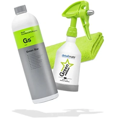 Afbeelding van detailmate Green Star Set: Koch Chemie GreenStar universele reiniger van 1 l voor auto, industrie, werkplaats, Kwazar Mercury Edition spuitfles 0,5 geschikt pH 8 14, met microvezeldoek en handschoenen