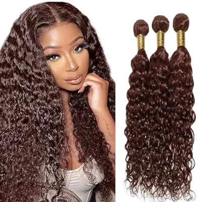 Image de Tuheerst Water Wave Human Hair Bundles Blonde Extensions Real Sew in Extension #4 Chocolate 3 Double Weft Remy Minimal Shedding for Woman 32 Inch