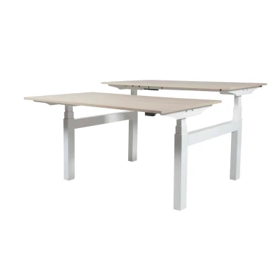 Afbeelding van Lectro Duo Plus werkplekken, zit sta (64 130cm) hoogte verstelbaar dmv 2 elektromotoren per wp met 180x80cm logan eiken 25mm bladen en wit (RAL9010)