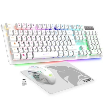 Image de Empire Gaming Armor RF800 Pack Clavier Souris Rechargeable sans Fil AZERTY (Français Layout) RGB avec Tapis de 2.4G 4800 DPI PC PS4 PS5 Xbox One/Series Mac Blanc