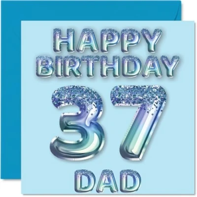Afbeelding van Verjaardagskaart voor papa 37 jaar, blauwe glitterballonnen, verjaardagskaarten jaar van zoon en dochter, 145 mm x
