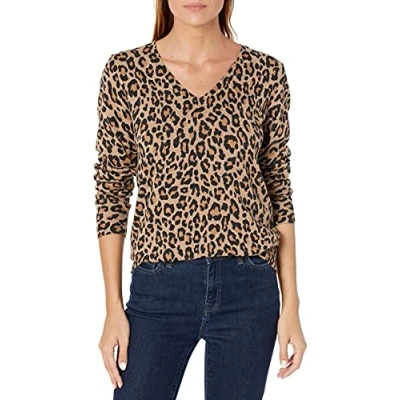 Image de Amazon Essentials Chandail léger à manches longues et col en V pour femme (disponible grande taille), camel léopard, taille L