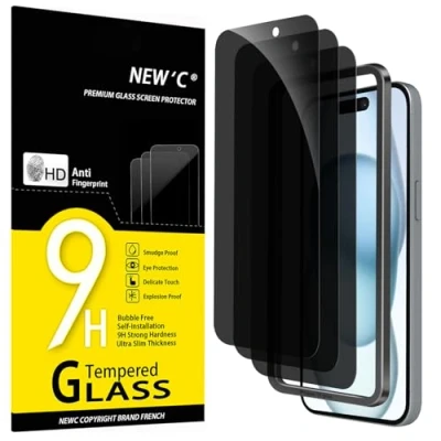 Afbeelding van NEW&#039;C Set van 3, gehard glas tegen spionage voor iPhone 15 Plus (6,7 inch), effectieve displaybescherming krassen, zonder luchtbellen, zeer robuust, eenvoudig installatiegereedschap inbegrepen
